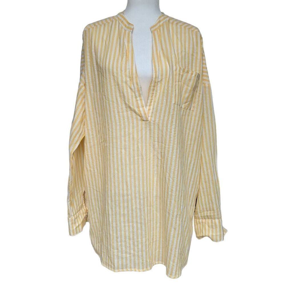 New O'Neill Belizin Yellow White Stripes Cover Up Oversized Size L Round V-neck - Picture 3 of 10